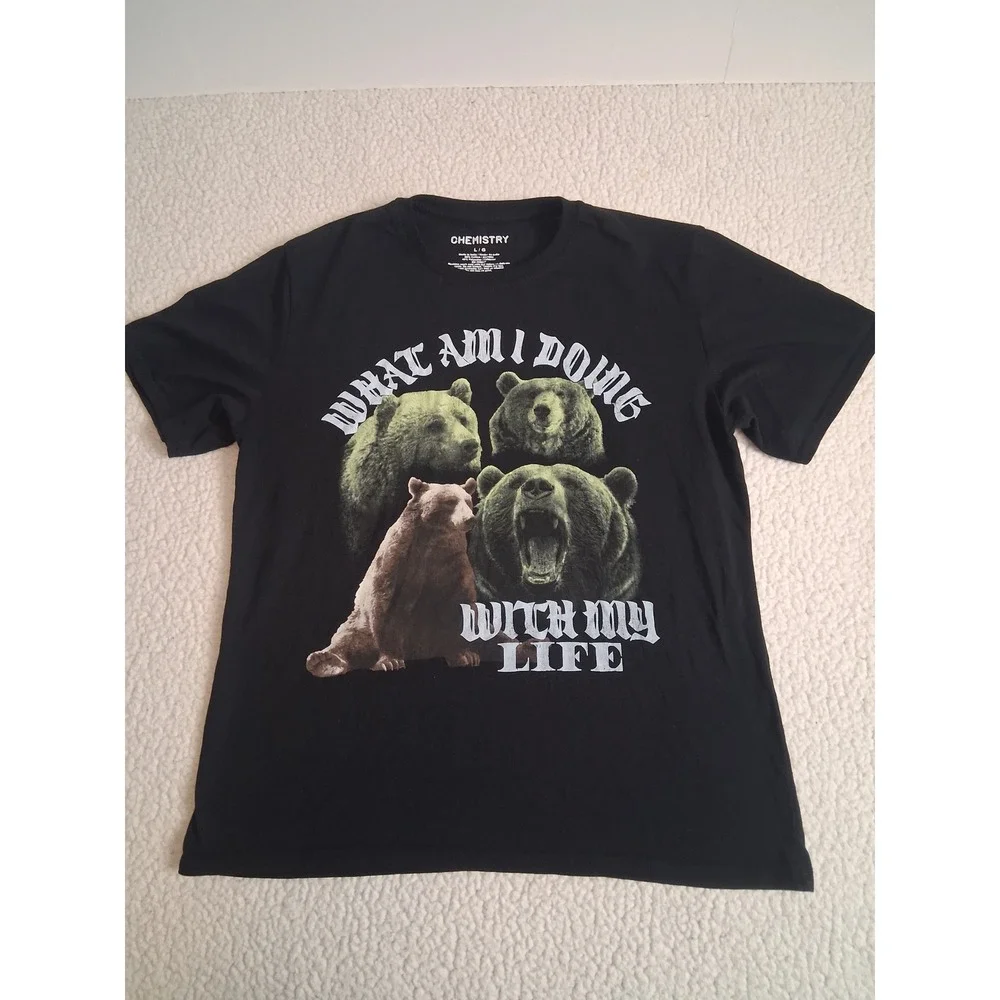 Mens Funny Humor Grizzly Bear What Am I Doing With My Life Graphic Tee Black L